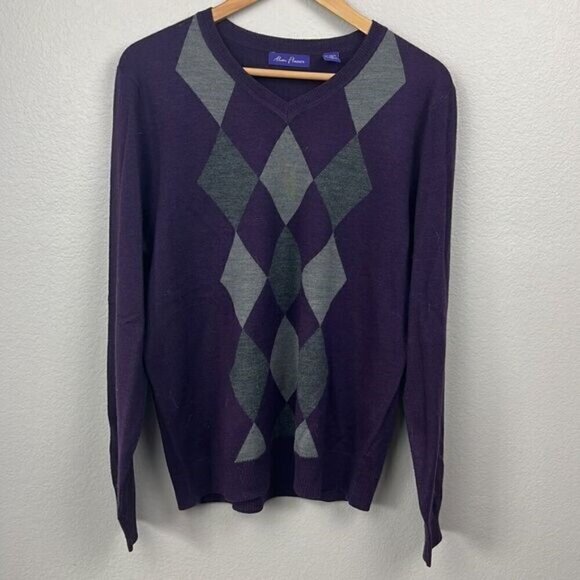 Alan Flusser Purple Argyle Sweater Merino Wool Long Sleeve V-Neck Relaxed L - Picture 3 of 8